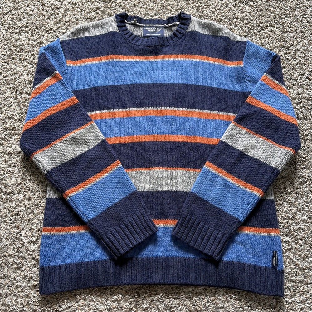 American Eagle Sweater Medium Wool Blend Crewneck Y2k Blue Stripe Heavyweight